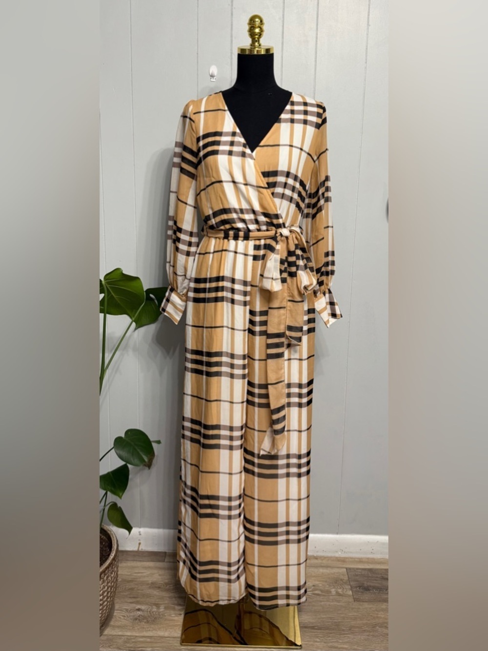 #10)  NWOT Mustard Plaid Wrap Sheer Jumpsuit with line + Removable Belt
